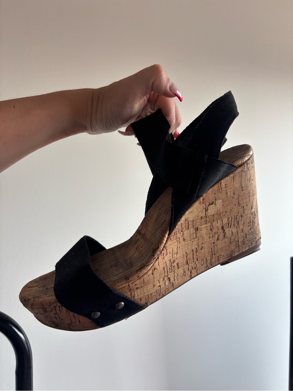 Black Cork Wedge Sandals with Elastic Cross Straps